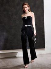 MOTF PREMIUM VELVET CONTRAST RHINESTONE TRIM TUBE JUMPSUIT WITH BELT